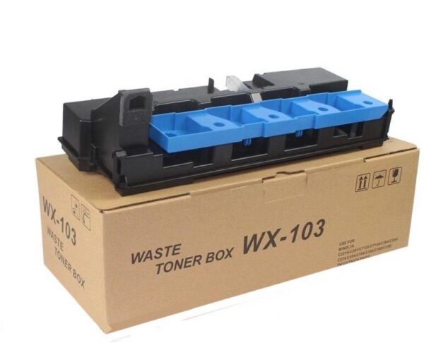 Cutie de toner uzat WX-103, compatibilă cu diverse imprimante, cu compartimente pentru colectarea tonerului.