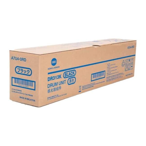 Unitate de tambur DR313K neagră, compatibilă cu imprimantele Konica Minolta, ambalaj de carton.