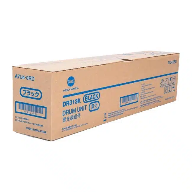 Unitate de tambur DR313K neagră, compatibilă cu imprimantele Konica Minolta, ambalaj de carton.
