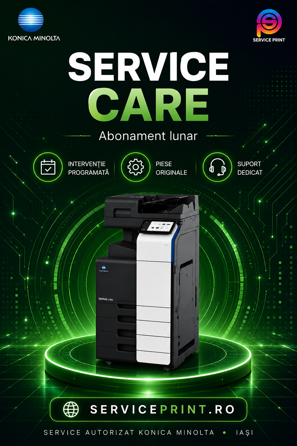 Contract lunar de service copiator Konica Minolta Iași: vizită lunară de verificare, intervenții nelimitate la cerere și manoperă inclusă, cu timp de răspuns de 4 ore. Oferit de Service Print Iași, partener autorizat Konica Minolta.