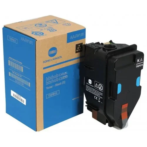 Cartus toner Konica Minolta TNPK-1 pentru imprimante, culoare neagră, ambalat în cutie albastră.