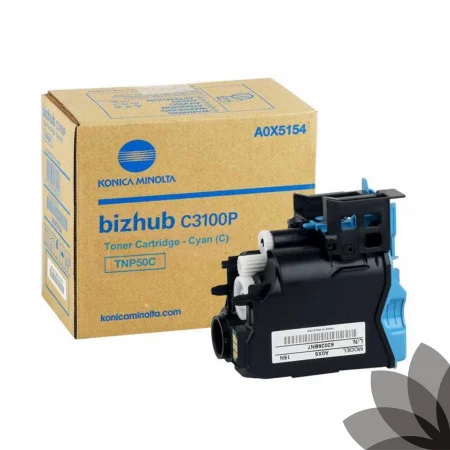 Cartus toner cyan pentru imprimanta Konica Minolta bizhub C3100P, model TNP50C, ambalat în cutie de carton.