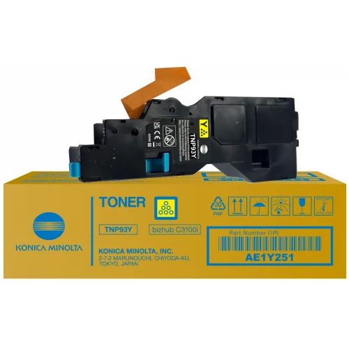 Cartus toner Konica Minolta TN-P93Y pentru imprimante bizhub C3100i, cu cod de produs AE1Y251, fabricat în Japonia.
