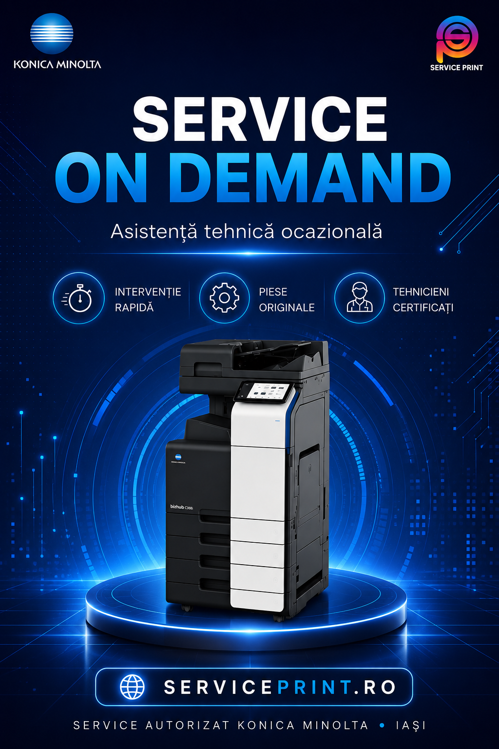 Contract ocazional de service copiator Konica Minolta Iași: asistență tehnică la cerere, cu timp de răspuns de maximum 8 ore. Depanare, reparații și piese de schimb, oferite de Service Print Iași, partener autorizat Konica Minolta.