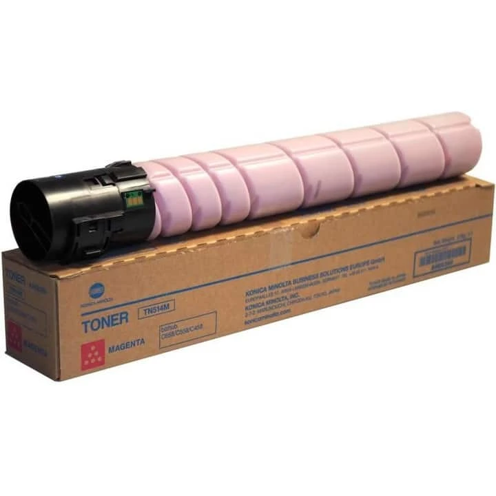 Cartus toner magenta pentru imprimante Konica Minolta, model TN-514M, ambalat în cutie, ideal pentru imprimare de calitate.