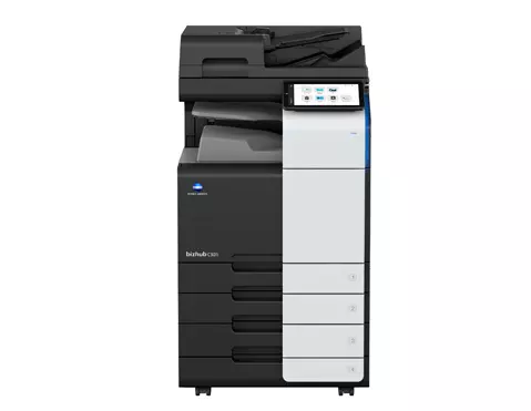 Imprimantă multifuncțională Konica Minolta cu funcții de copiere, imprimare și scanare, design modern și panou de control intuitiv.