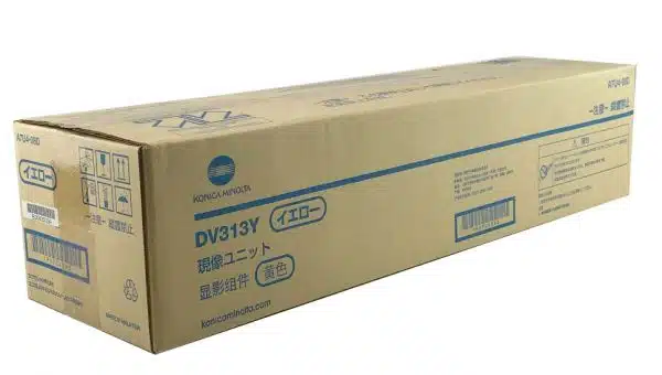 Cutie de toner Konica Minolta DV313Y, produs original, compatibil cu diverse imprimante, culoare galbenă, ambalaj standard.