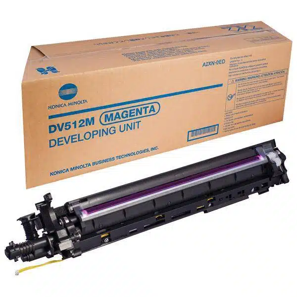Unitate de dezvoltare magenta DV512M pentru imprimante Konica Minolta, compatibilă cu diverse modele, asigurând calitate ridicată a imprimării.