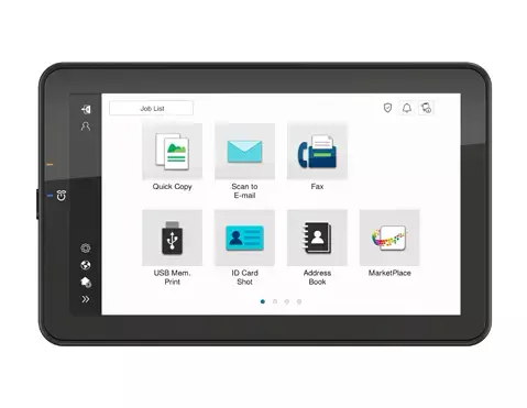 Panou de control pentru imprimantă multifuncțională, cu opțiuni pentru copiere, scanare, fax și imprimare USB.