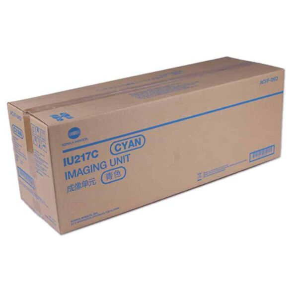 Unitate de imagistică cyan IU217C, ambalaj de carton, compatibilă cu diverse imprimante, produs de Konica Minolta.