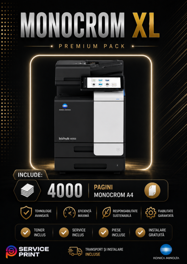 Abonament Print Monocrom XL de închiriere copiator Iași: 4.000 pagini monocrom A4 incluse lunar, cost fix și predictibil, fără investiție inițială. Serviciu oferit de Service Print Iași, partener autorizat Konica Minolta.