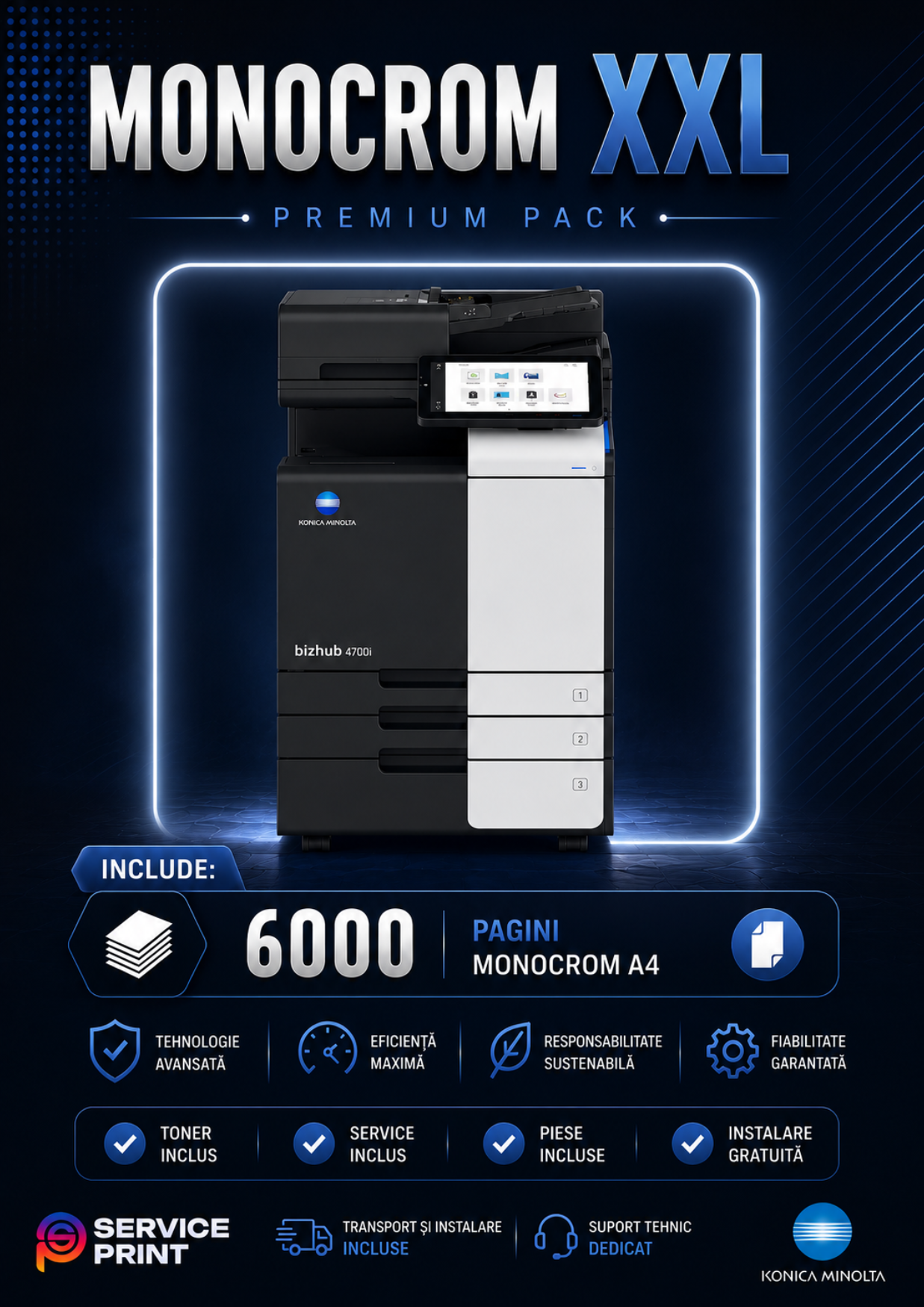 Abonament Print Monocrom XXL de închiriere copiator Iași: 6.000 pagini monocrom A4 incluse lunar, cost fix și predictibil, fără investiție inițială. Serviciu oferit de Service Print Iași, partener autorizat Konica Minolta.
