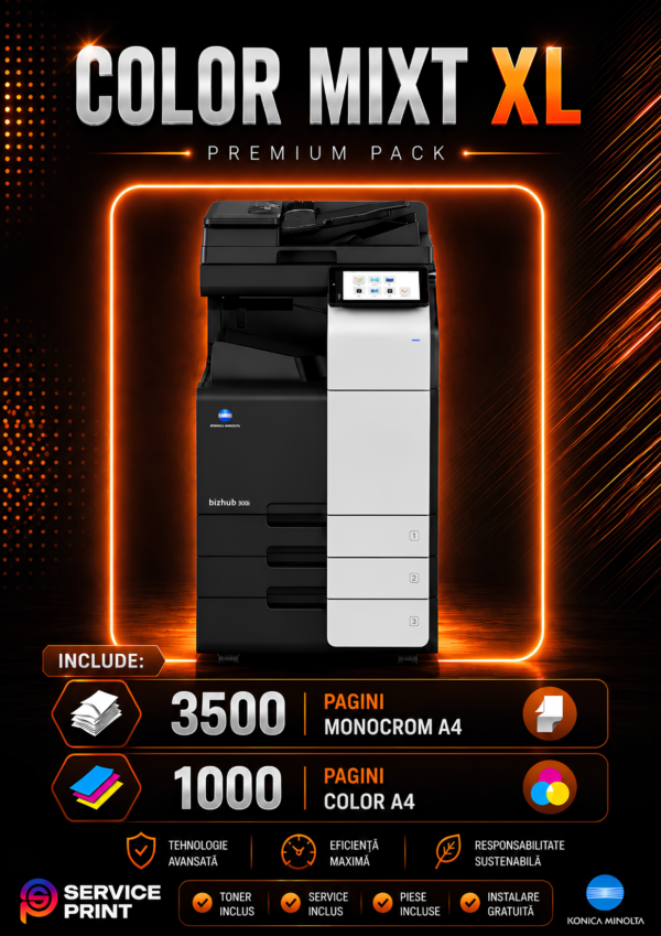Abonament Print Color Mixt XL de închiriere copiator Iași: 1.000 pagini color A4 și 3.000 pagini monocrom A4 incluse lunar. Soluție all-inclusive oferită de Service Print Iași, partener autorizat Konica Minolta.