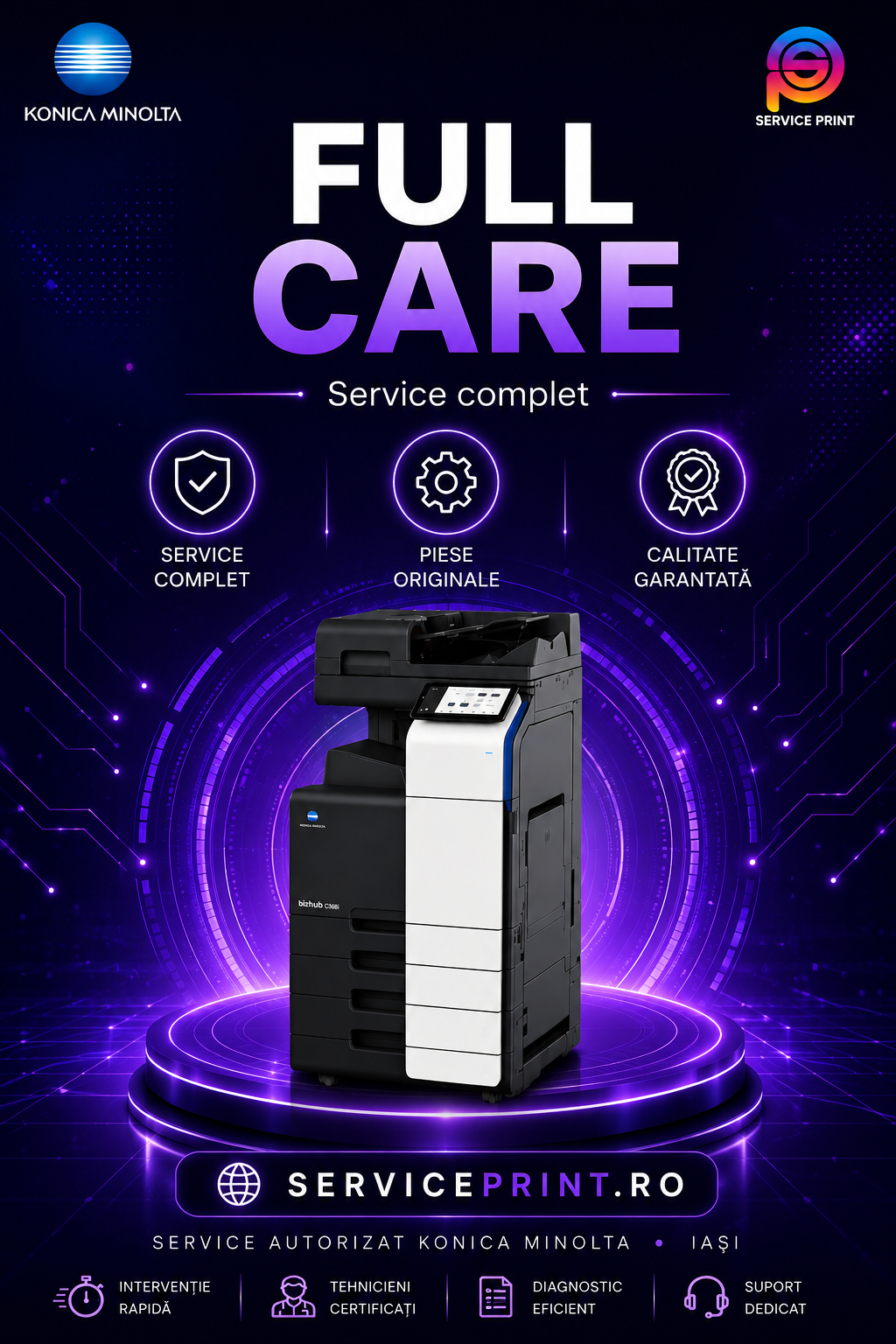 Contract Full Service copiator Konica Minolta Iași: consumabile, piese de schimb și revizie tehnică lunară incluse, cu solicitări nelimitate și timp de răspuns de maximum 4 ore. Oferit de Service Print Iași, partener autorizat Konica Minolta.