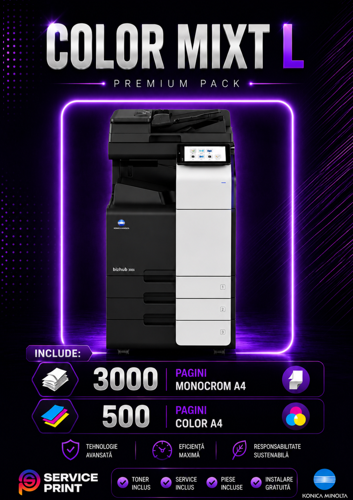 Abonament Print Color Mixt L de închiriere copiator Iași: 500 pagini color A4 și 3.000 pagini monocrom A4 incluse lunar. Soluție all-inclusive oferită de Service Print Iași, partener autorizat Konica Minolta.