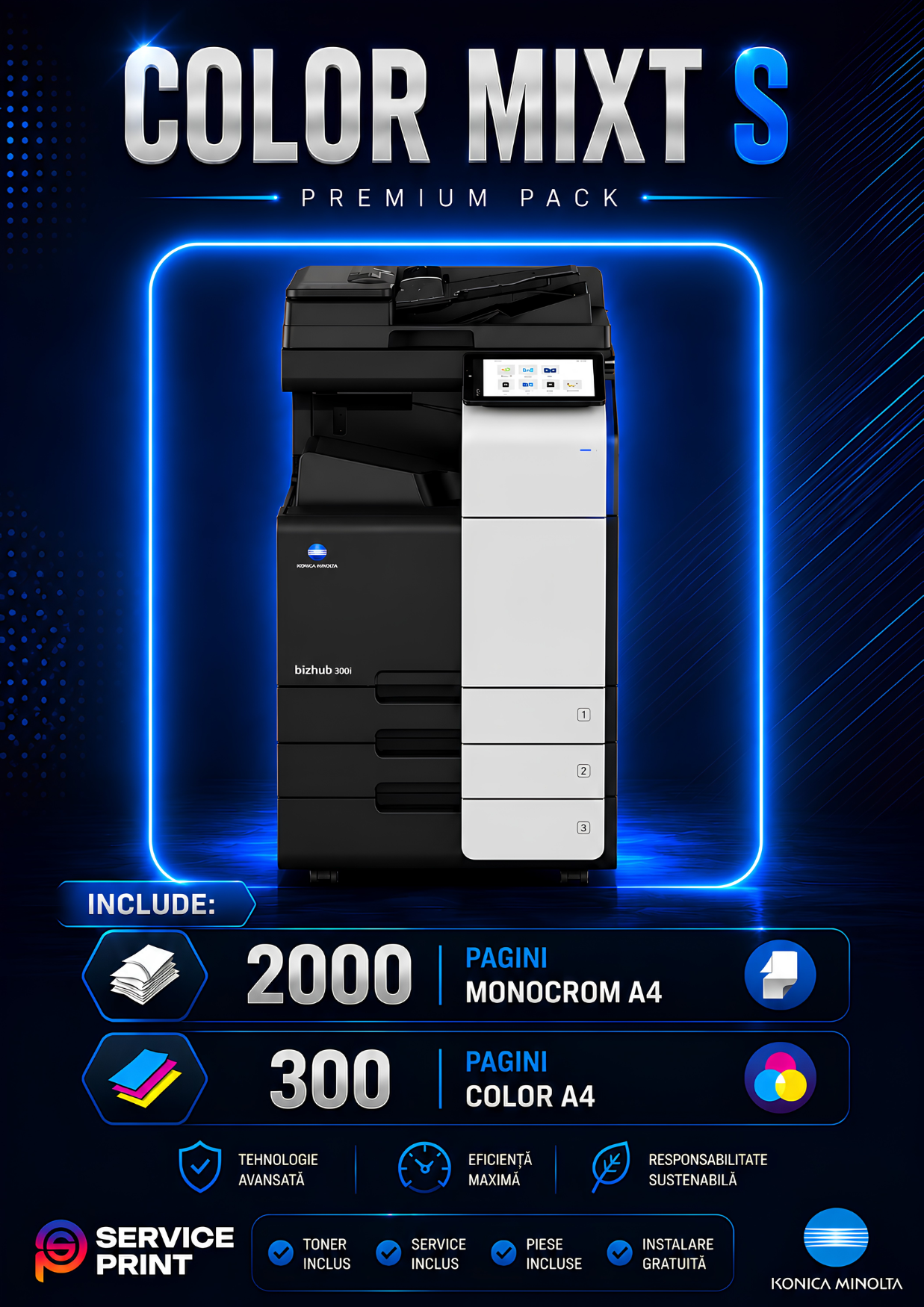 Abonament Print Color Mixt S de închiriere copiator Iași: 300 pagini color A4 și 2.000 pagini monocrom A4 incluse lunar. Soluție all-inclusive oferită de Service Print Iași, partener autorizat Konica Minolta.