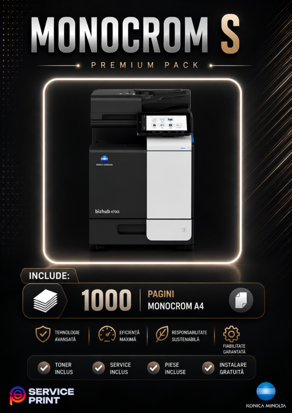 Abonament Print Monocrom S de închiriere copiator Iași: 1.000 pagini monocrom A4 incluse lunar, cost fix și predictibil, fără investiție inițială. Serviciu oferit de Service Print Iași, partener autorizat Konica Minolta.